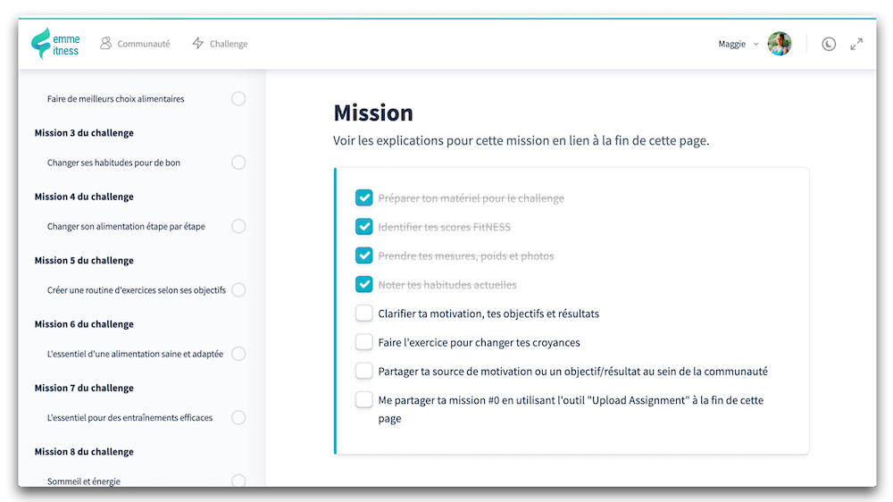 checklist des missions du challenge femme fitness